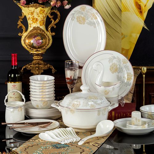 碗具套装家用 陶瓷碗碟盘子景德镇名媛花开 中式骨瓷餐具